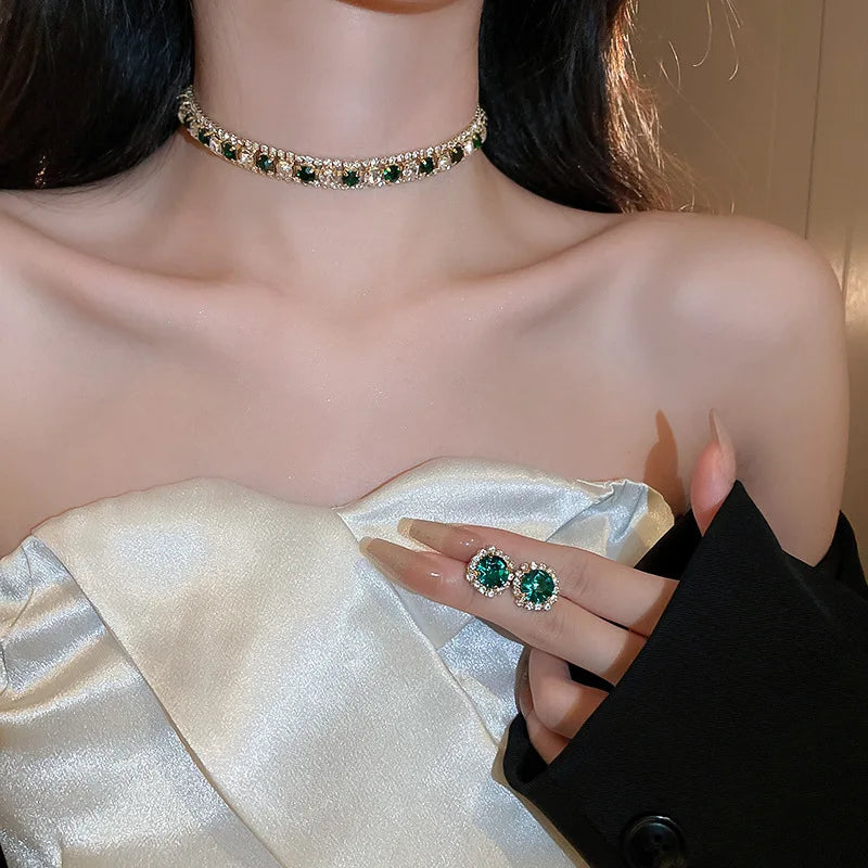 FYUAN collana di cristallo di lusso orecchini Set Champagne verde blu collana nera per le donne matrimoni Set di gioielli per feste accessori
