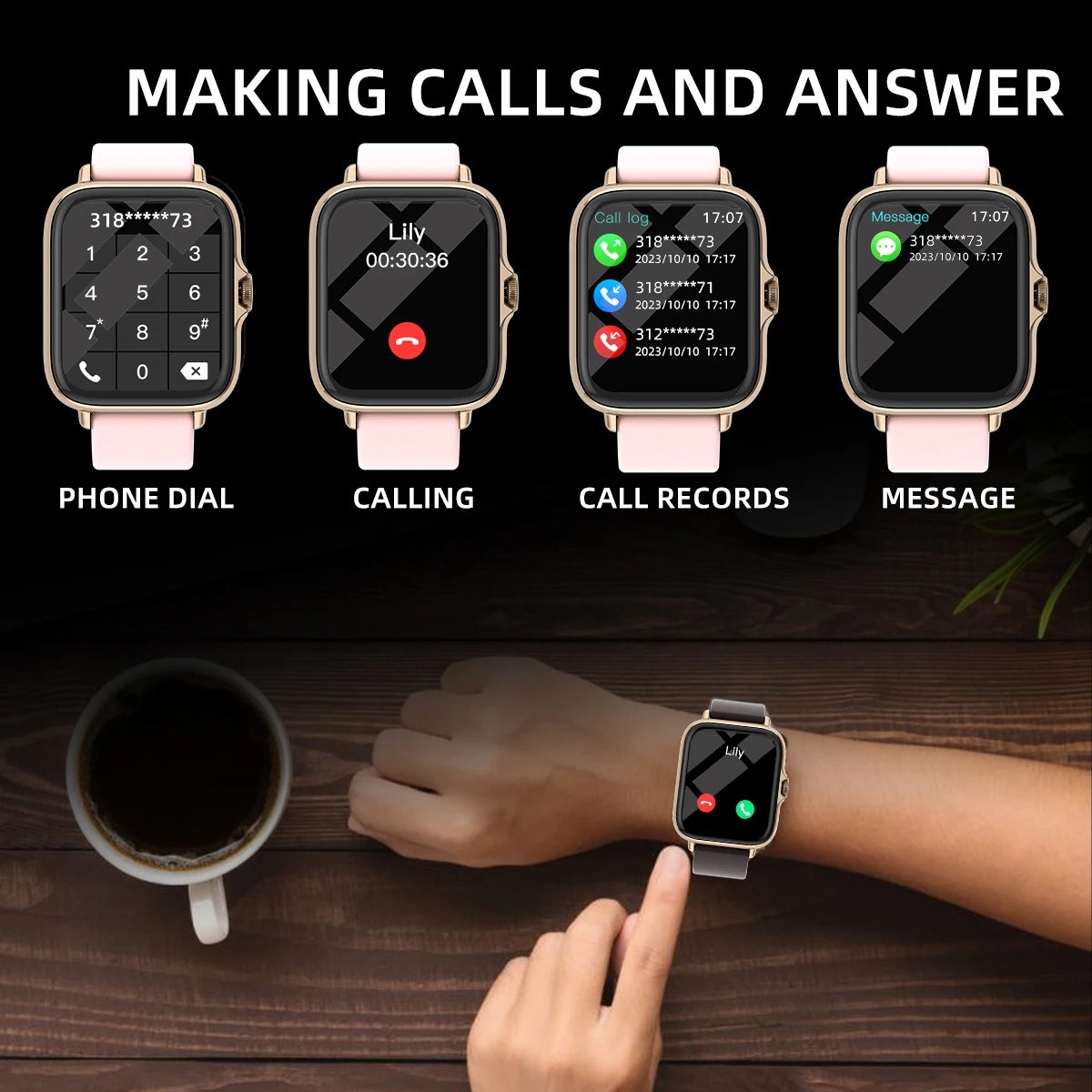 Smartwatch unisex con messaggio di risposta alla chiamata Monitoraggio del sonno Avvisi informativi contapassi sportivo per iPhone Android