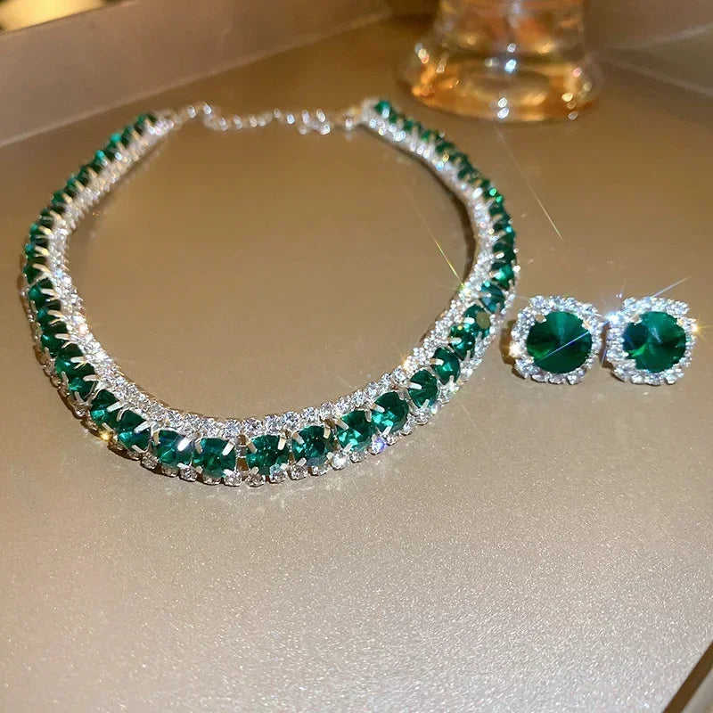 FYUAN collana di cristallo di lusso orecchini Set Champagne verde blu collana nera per le donne matrimoni Set di gioielli per feste accessori
