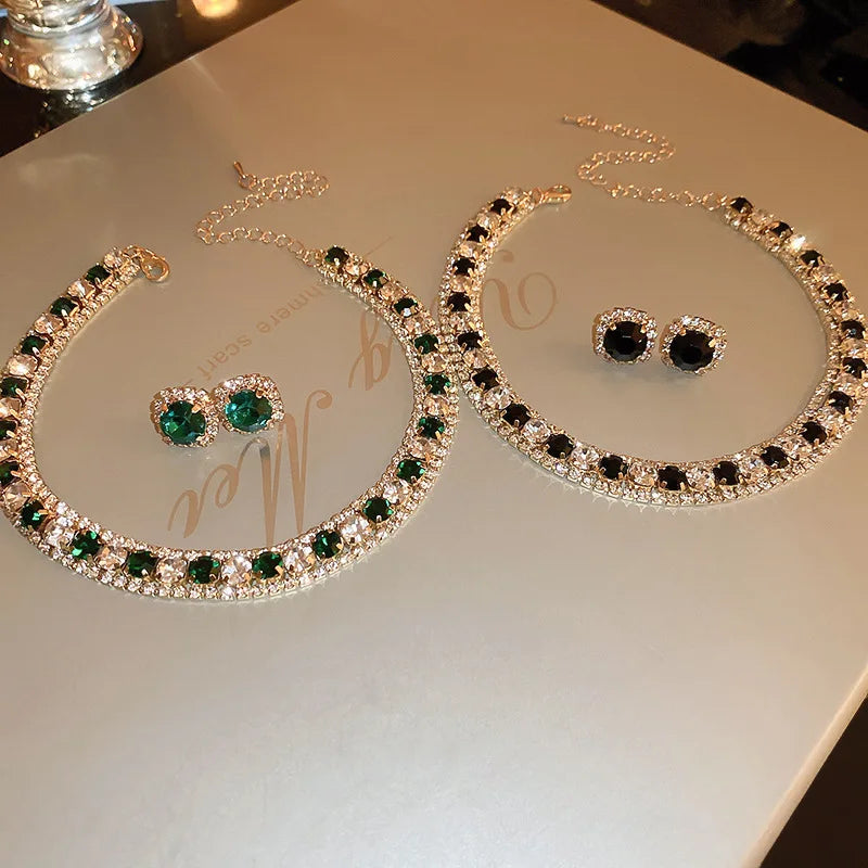 FYUAN collana di cristallo di lusso orecchini Set Champagne verde blu collana nera per le donne matrimoni Set di gioielli per feste accessori
