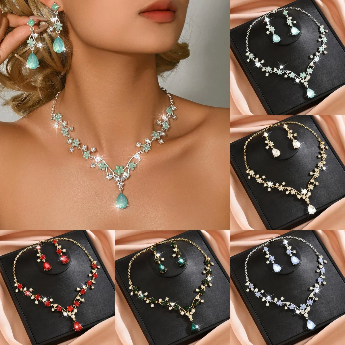Collana e orecchini con zirconi intarsiati a forma di lacrime d'angelo, set di gioielli di lusso leggero, accessori da sposa.