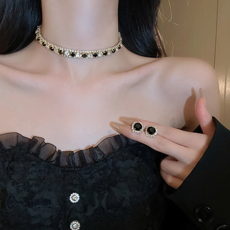 FYUAN collana di cristallo di lusso orecchini Set Champagne verde blu collana nera per le donne matrimoni Set di gioielli per feste accessori